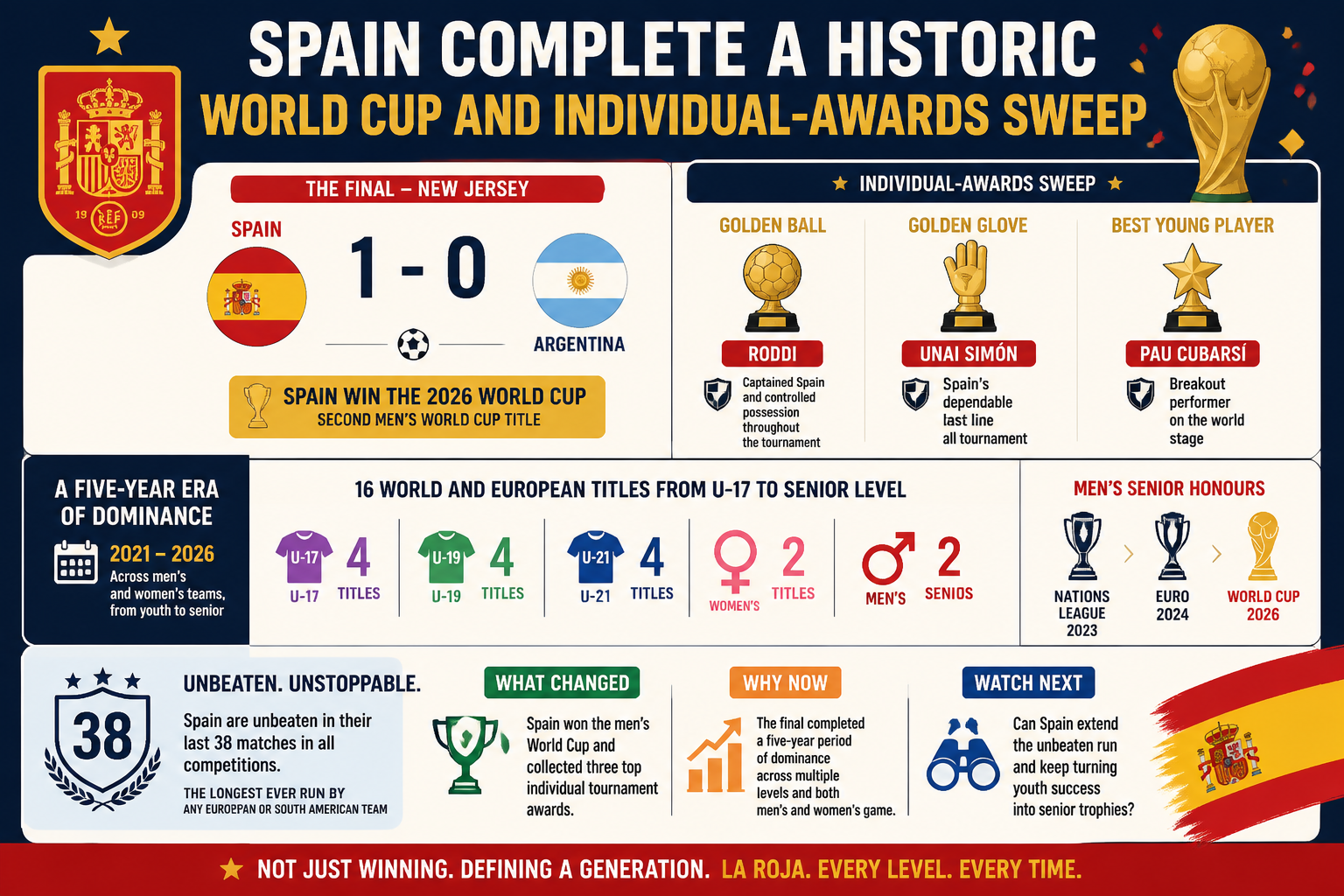 Visual Cheatsheet Version A for Spain complete a historic World Cup and individual-awards sweep. Full text follows for assistive technology.