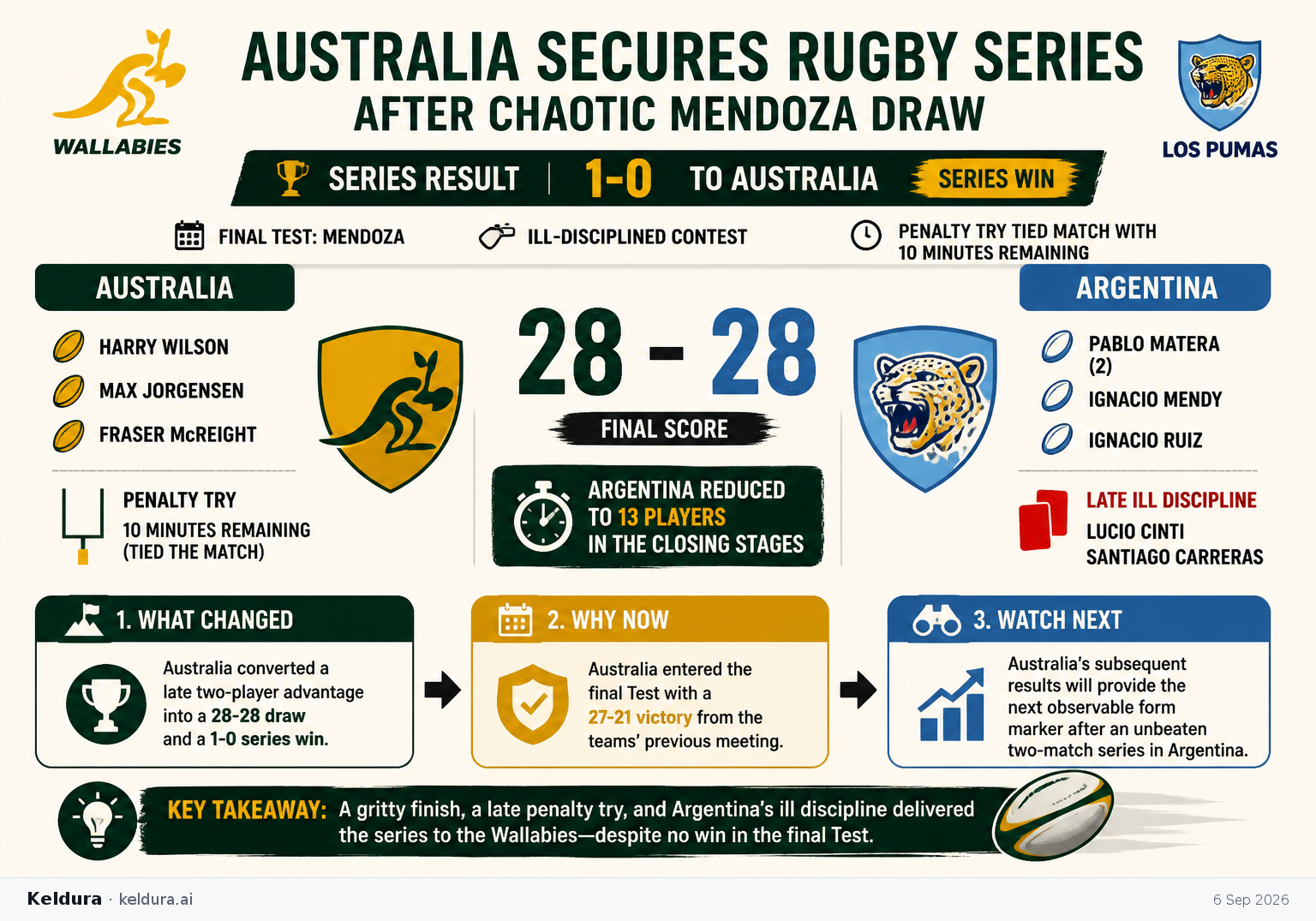 Visual Cheatsheet Version A for Australia secures rugby series after chaotic Mendoza draw [4]. Full text follows for assistive technology.