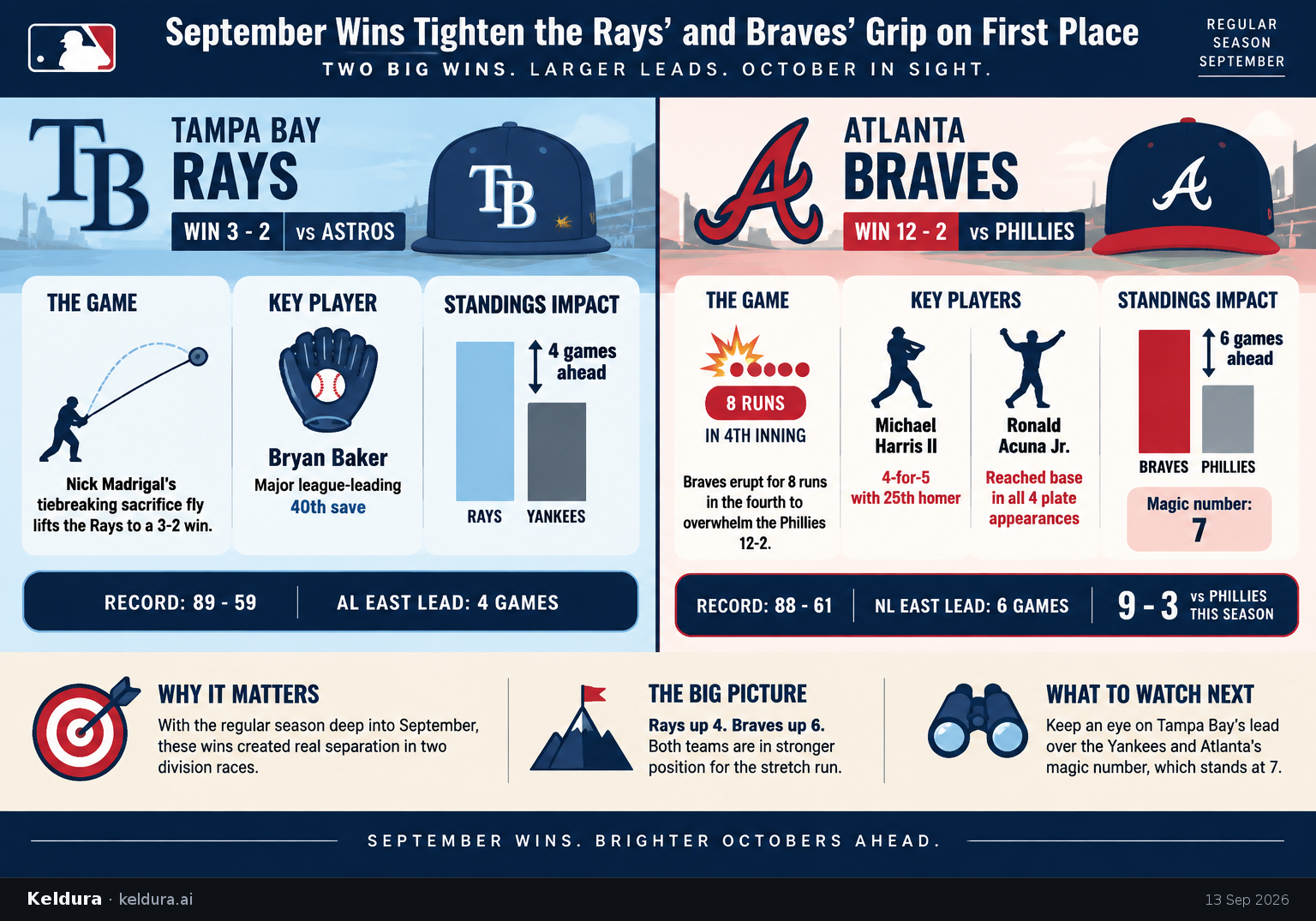 Visual Cheatsheet Version A for How September wins tightened the Rays' and Braves' grip on first place. Full text follows for assistive technology.