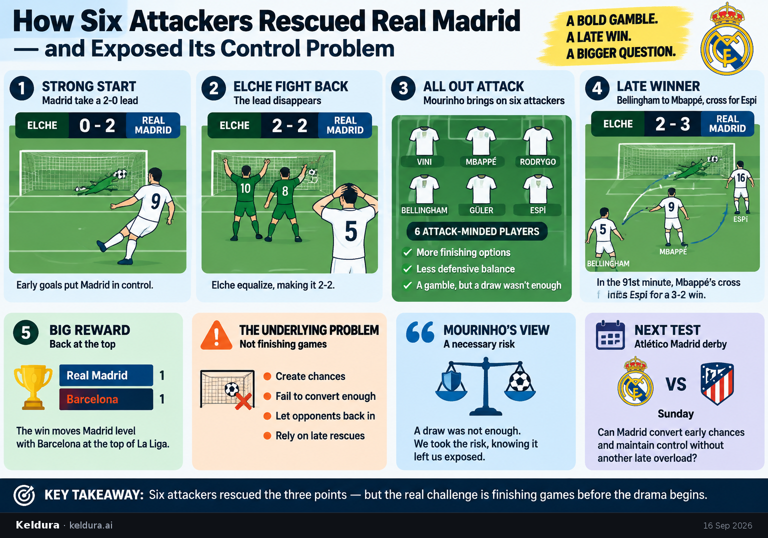 Visual Cheatsheet Version A for How six attackers rescued Real Madrid—and exposed its control problem. Full text follows for assistive technology.