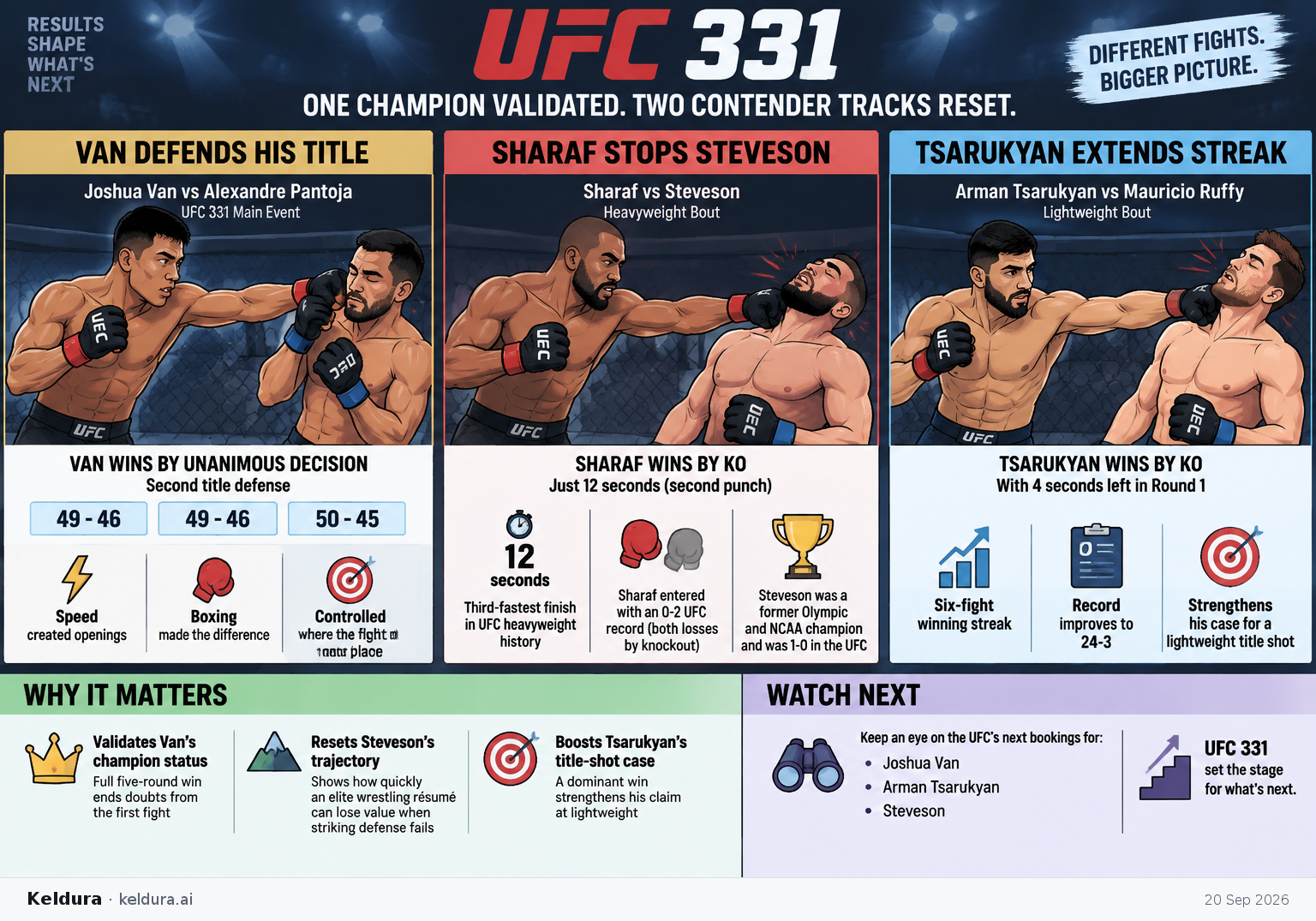 Visual Cheatsheet Version A for How UFC 331 validated one champion and reset two contender tracks. Full text follows for assistive technology.