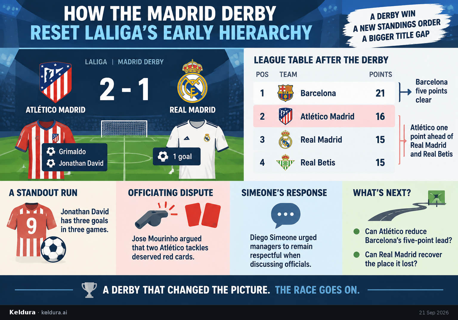 Visual Cheatsheet Version A for How the Madrid derby reset LaLiga’s early hierarchy. Full text follows for assistive technology.
