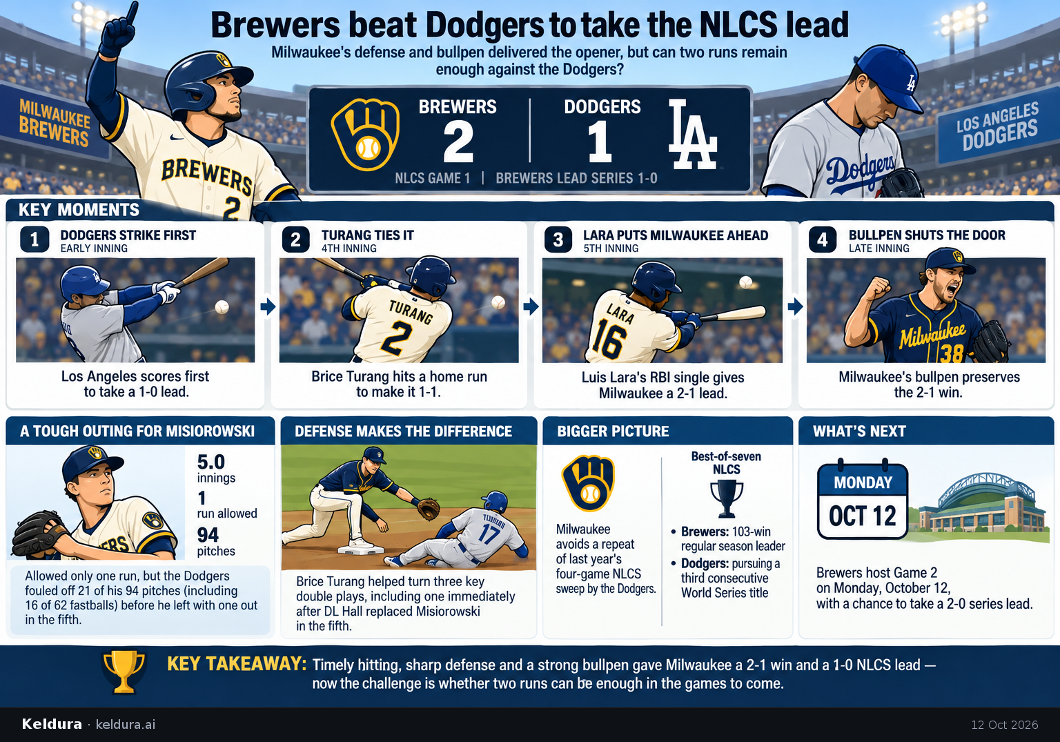 Visual Cheatsheet Version A for Brewers beat Dodgers to take the NLCS lead. Full text follows for assistive technology.