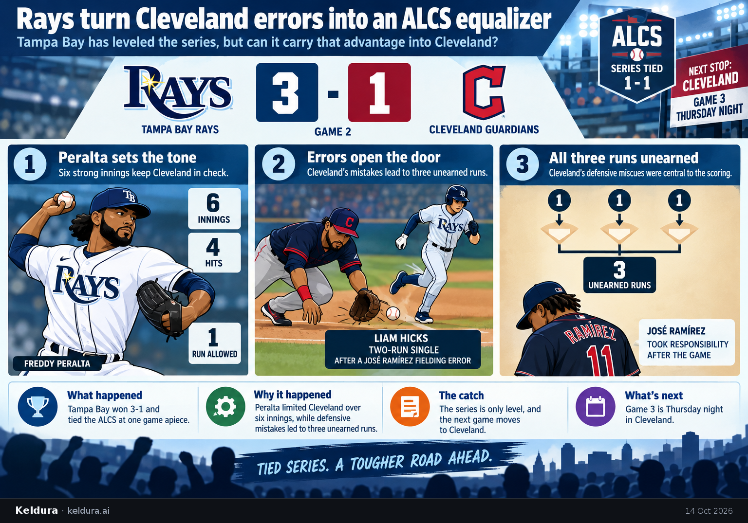 Visual Cheatsheet Version A for Rays turn Cleveland errors into an ALCS equalizer. Full text follows for assistive technology.