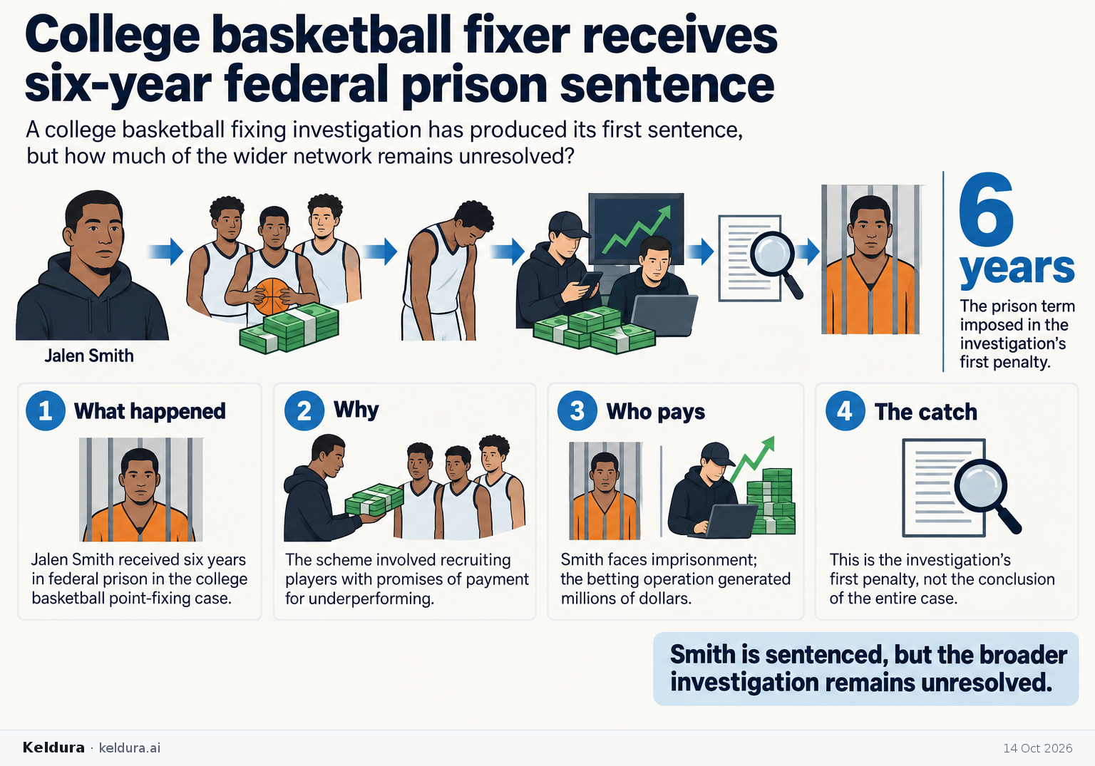 Visual Cheatsheet Version A for College basketball fixer receives six-year federal prison sentence. Full text follows for assistive technology.