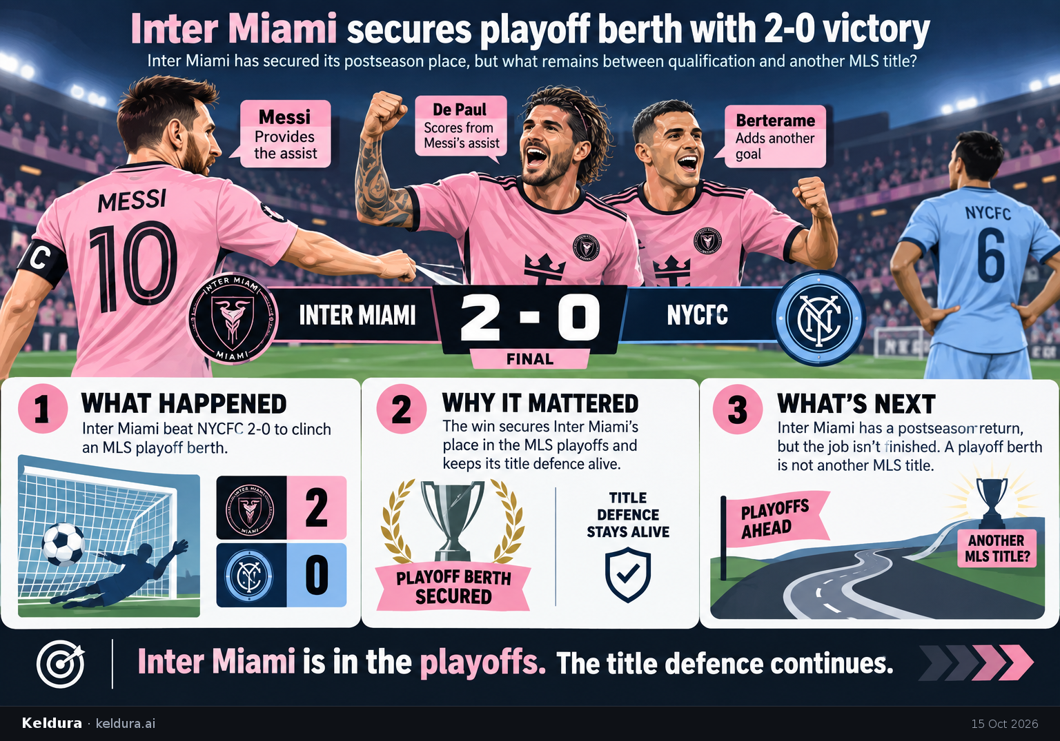Visual Cheatsheet Version A for Inter Miami secures playoff berth with 2-0 victory. Full text follows for assistive technology.