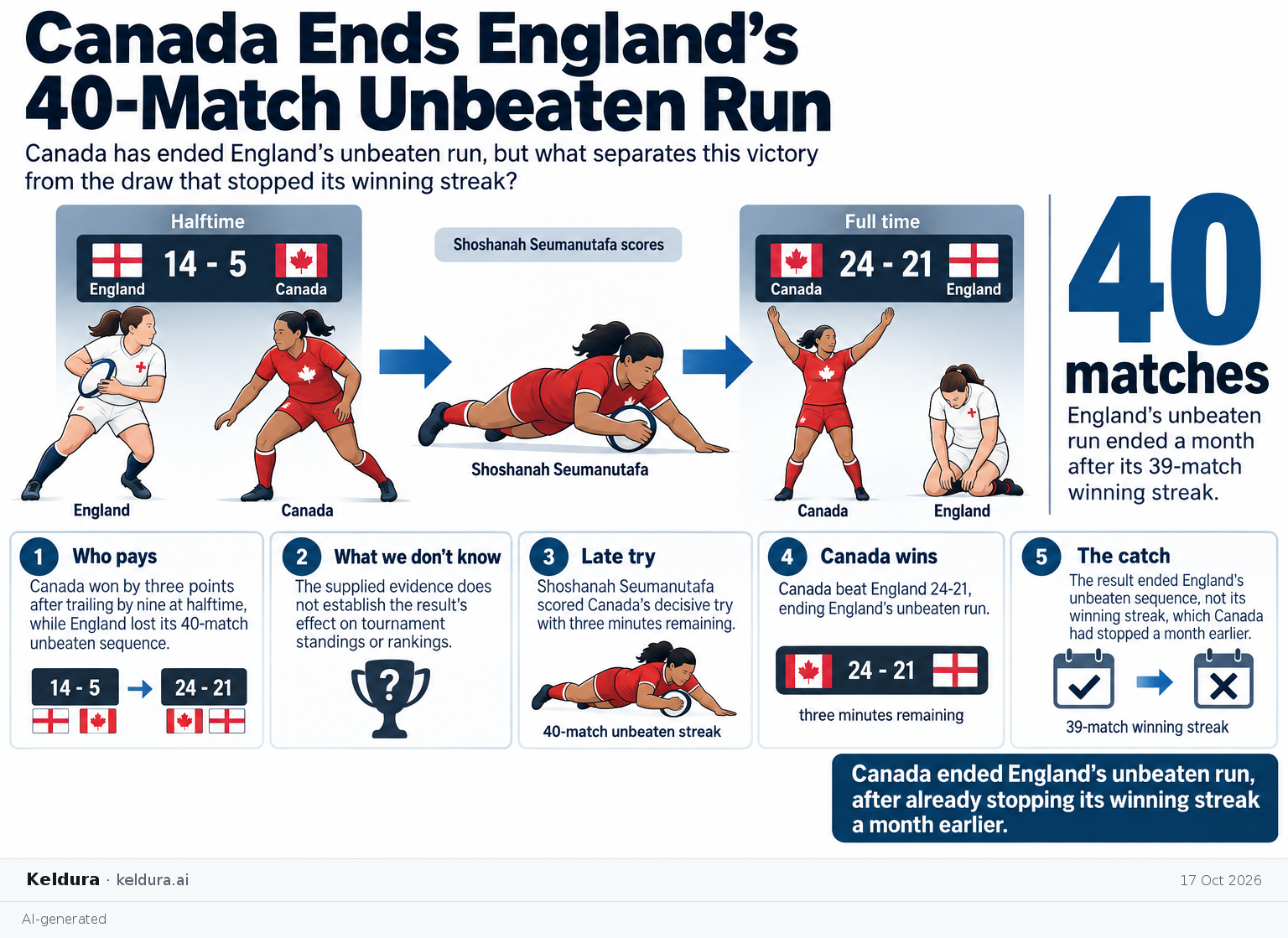 Visual Cheatsheet Version A for Canada Ends England’s 40-Match Unbeaten Run. Full text follows for assistive technology.