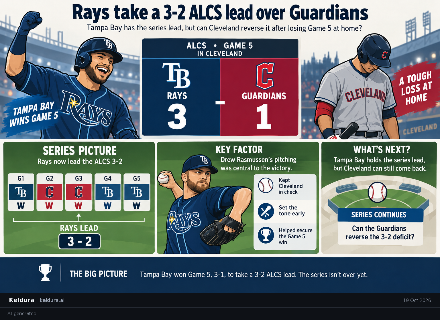 Visual Cheatsheet Version A for Rays take a 3-2 ALCS lead over Guardians. Full text follows for assistive technology.