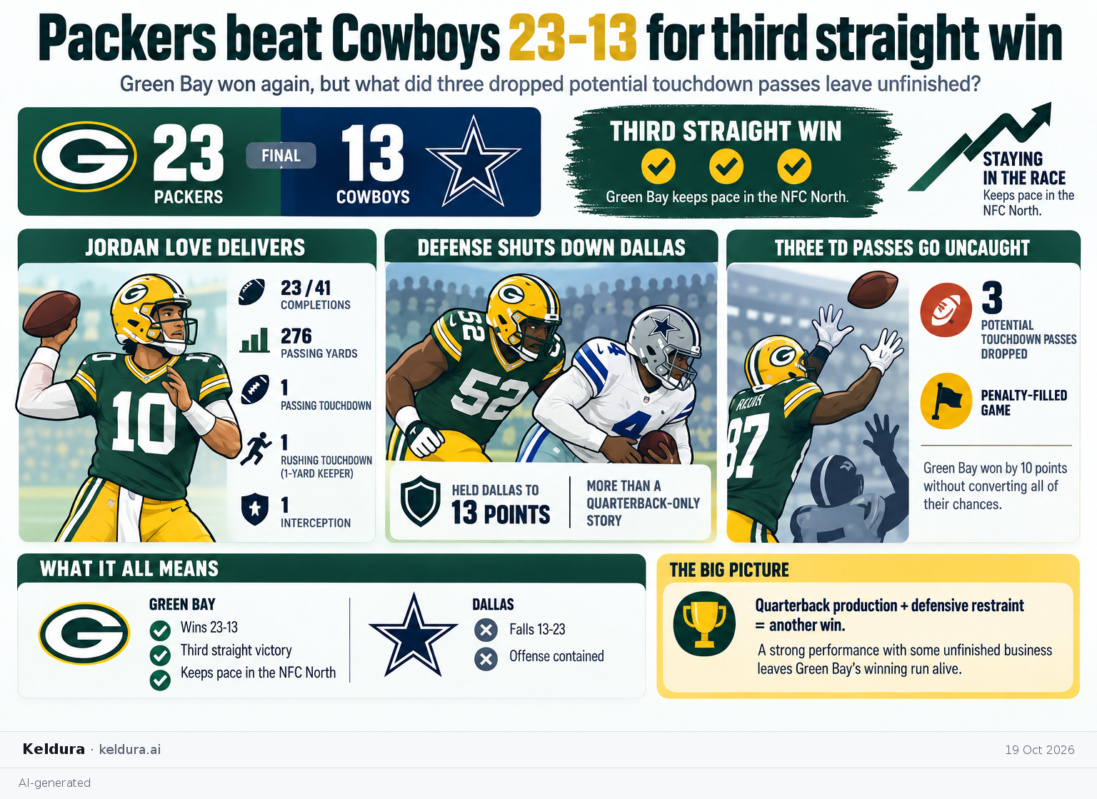 Visual Cheatsheet Version A for Packers beat Cowboys 23-13 for third straight win. Full text follows for assistive technology.