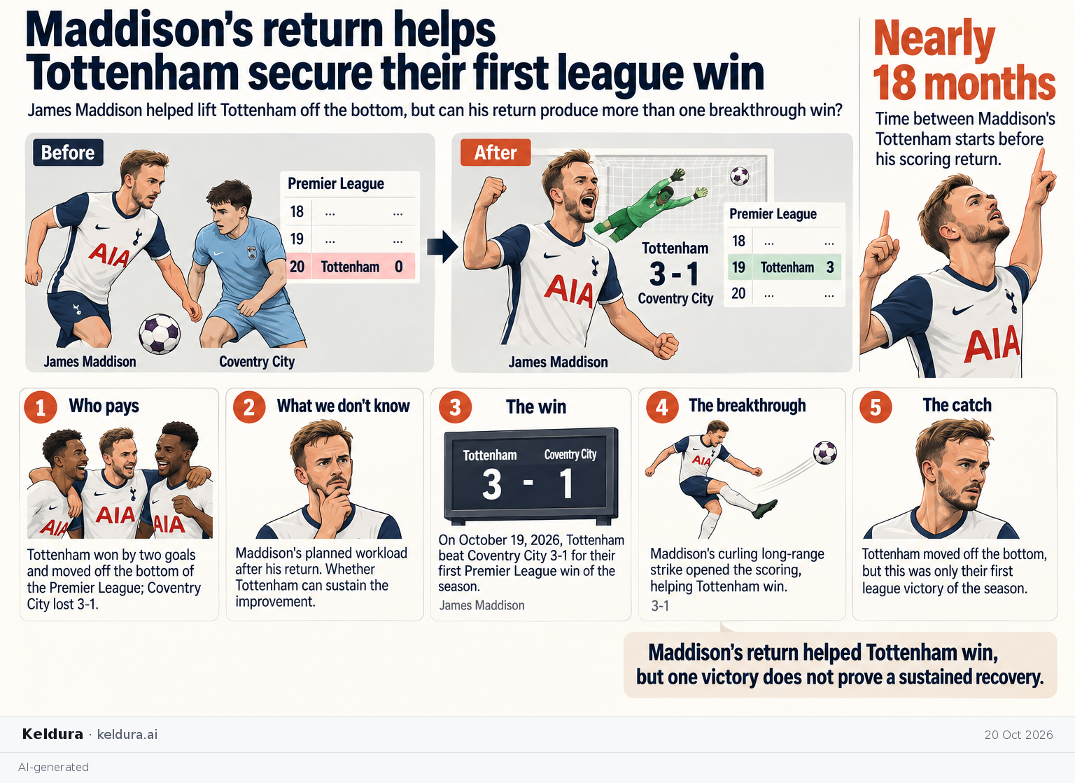 Visual Cheatsheet Version A for Maddison's return helps Tottenham secure their first league win. Full text follows for assistive technology.