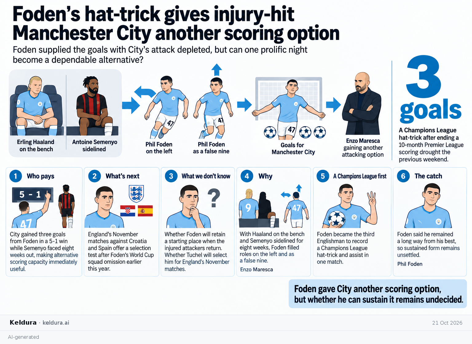 Visual Cheatsheet Version A for Foden’s hat-trick gives injury-hit Manchester City another scoring option. Full text follows for assistive technology.