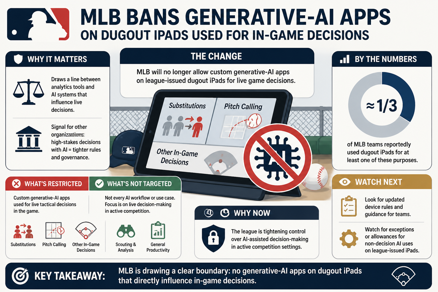 Visual Cheatsheet for MLB is banning generative-AI apps on dugout iPads used for in-game decisions. Text equivalent follows.