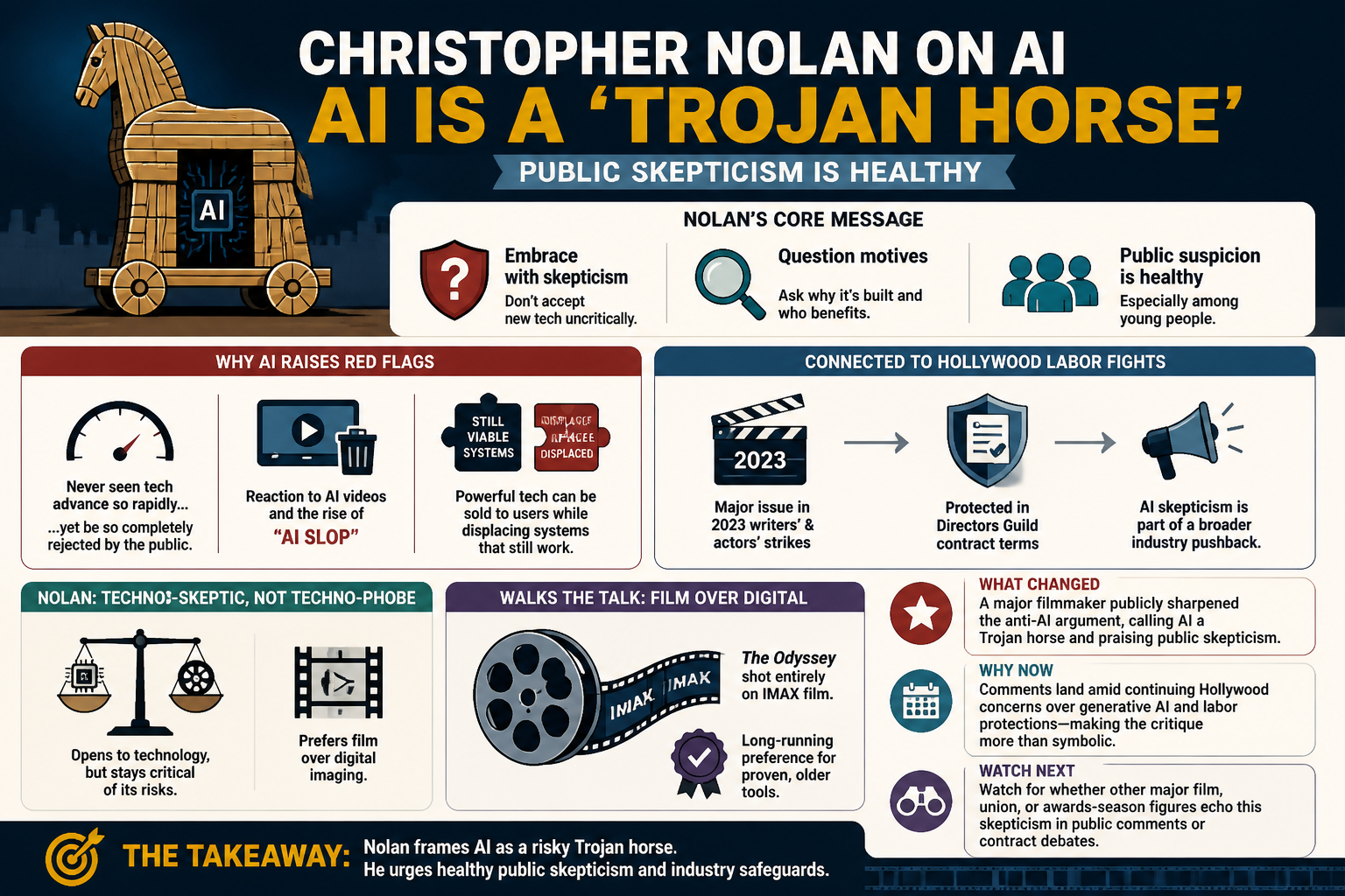 Visual Cheatsheet Version A for Christopher Nolan frames AI as a ‘Trojan horse’ and says public skepticism is healthy. Full text follows for assistive technology.